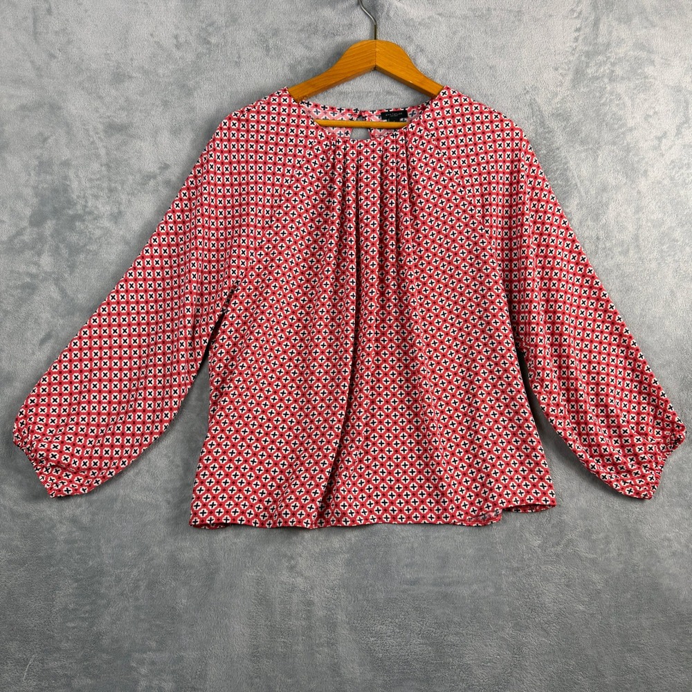 Ann Taylor Factory Womens L Pink Red Geometric Blouse Pleated Crepe Office Siren